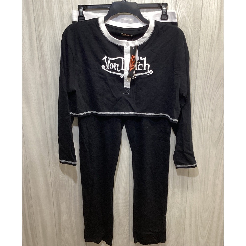 Von Dutch Women's 2pc (Size L) Pajama Logo Set Top Pants Black/White